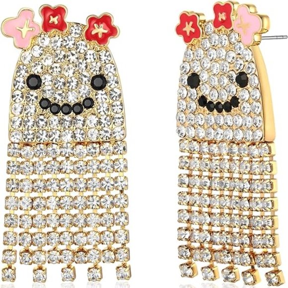 Pave Rhinestone Smiling Ghost Red and Pink Flowers Post Earrings CZ Crystal Gold - Picture 1 of 5